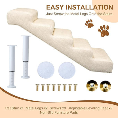 Adjustable Dog Stairs & Ramp for Cats and Dogs, 5-Step Pet Stairs for High Beds and Couch, 18.5"–23.6" Height, Linen Faux Leather, Waterproof, Scratch-Resistant, Non-Slip Indoor Pet Ramp