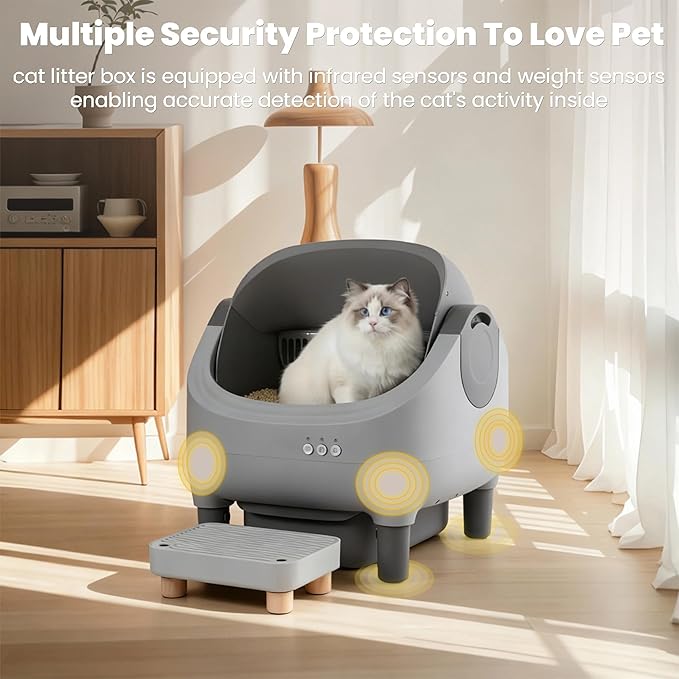 Upgraded Automatic Litter Box with Raised Step, Large Capacity Self Cleaning Litter Box for Multiple Cats with Open Top Design, Safety Protection, Smart App Control, Odor-Free & Health Monitoring