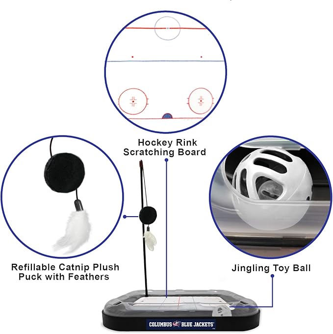 Pets First NHL Columbus Blue Jackets Hockey Field Cat Scratching Toy With Interactive Ball Bell in Tracks - 5-in-1 Scratcher