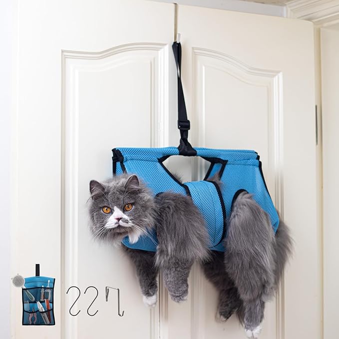 Pet Grooming Hammock for 10-20 lbs Pets - Door-Hook Hanging, Adjustable Height with Full Straps, Machine Washable, 1 Tool Bag Included, Blue