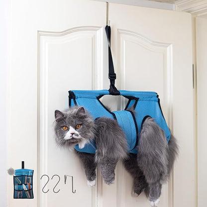 Pet Grooming Hammock for 10-20 lbs Pets - Door-Hook Hanging, Adjustable Height with Full Straps, Machine Washable, 1 Tool Bag Included, Blue