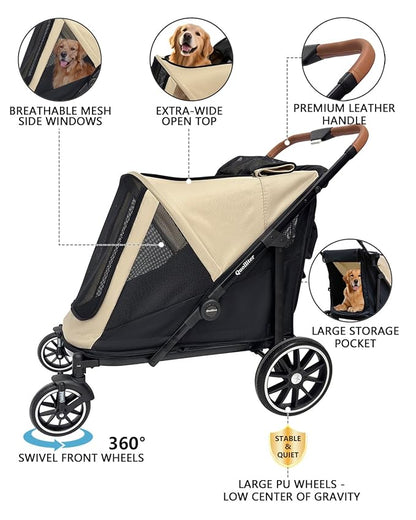 Dog Stroller for Large Dogs & Cats up to 130 lbs,Foldable Large Pet Stroller for 2 Dogs with Storage Pocket,Extra Large Heavy Duty,All Terrain Wagon Cart with Air Mesh