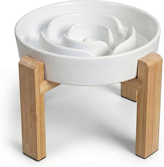 Elevated Slow Feeder Dog Bowl - Upgraded with Screwed Bamboo Stand - Ceramic Maze Dish for Fast Eaters - Raised Feeding Bowl for Medium and Large Dogs - White