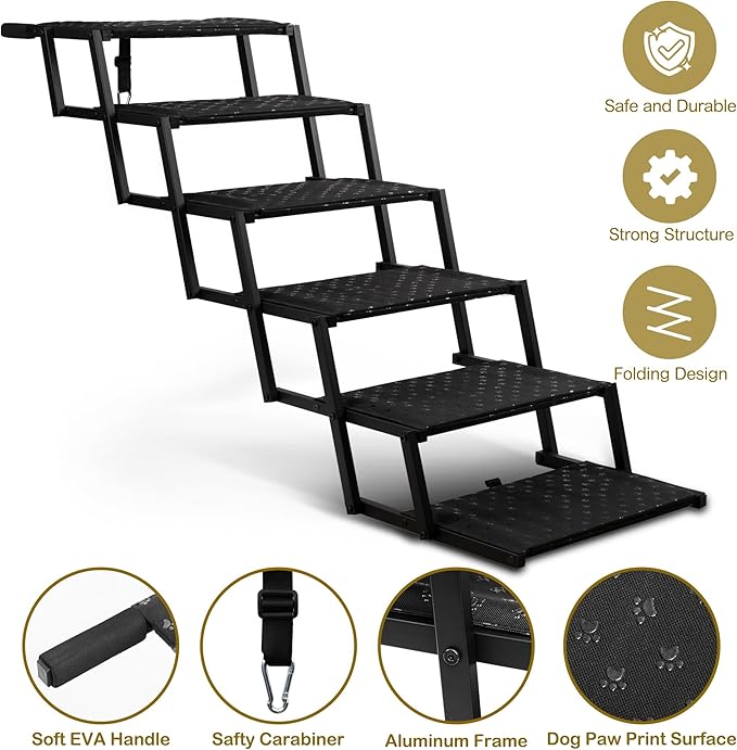 Extra Wide Dog Stairs for Car - Foldable Dog Ramps for Large Dogs with Non Slip Surface, Portable Dog Steps for Cars and SUV, Truck, Support Up to 250 Lbs