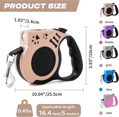 Retractable Dog Leash with USB Rechargeable Flashlight for Night Walks, 16FT Automatic Telescopic Tractor Dog Leash for Small and Medium Dogs, Beige
