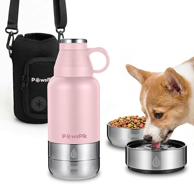PawsPik 32oz 3-in-1 Travel Dog Water Bottle & Bowl Set – Stainless Steel Vacuum-Insulated Bottle with Detachable Food & Water Bowls, Leak-Proof, Keeps Water Cold 12hrs/Hot 6hrs (Cherry Blossom Pink)