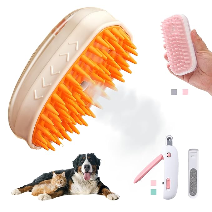 Spritz Defur Comb for Cats | Upgraded Electric Steam Cat Brush | Steam Brush for Cats | Cat Nail Clippers with Safety Design | Pet Bath Brush with Gel Dispenser |3PCS Premium Grooming Supplies, khaki