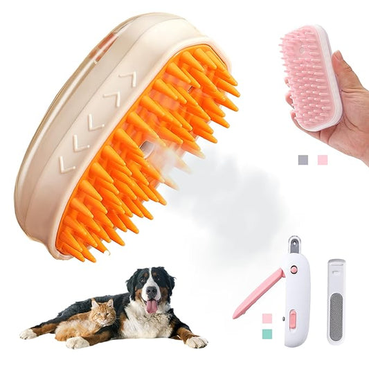 Spritz Defur Comb for Cats | Upgraded Electric Steam Cat Brush | Steam Brush for Cats | Cat Nail Clippers with Safety Design | Pet Bath Brush with Gel Dispenser |3PCS Premium Grooming Supplies, khaki