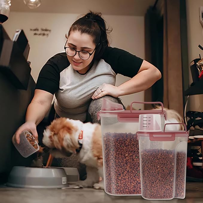5-7Lbs Dog Cat Food Storage Container with Upgraded Large Nozzle BPA-free, 4 Snap Seals Plastic Pet Food Storage Containers with Handles (Clear Pink, (5L+3L) 2pack)