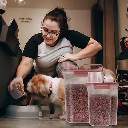 5-7Lbs Dog Cat Food Storage Container with Upgraded Large Nozzle BPA-free, 4 Snap Seals Plastic Pet Food Storage Containers with Handles (Clear Pink, (5L+3L) 2pack)