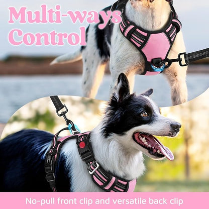 rabbitgoo Dog Harness for Large Dogs, No Pull Pet Vest with 3 Buckles, Adjustable Soft Padded Pet Harness with Easy Control Handle and Reflective Strips, Light Pink, L