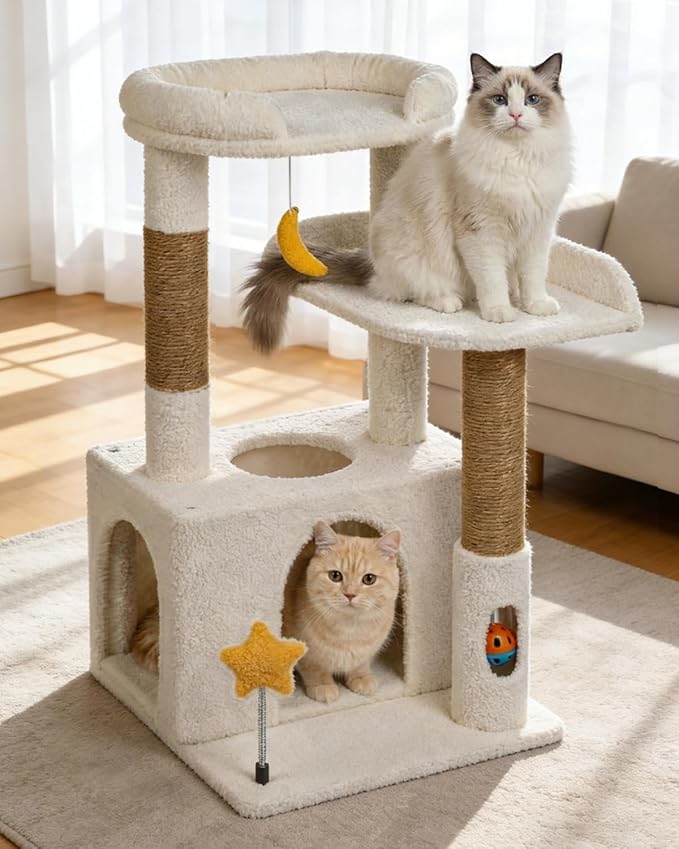 32In Cute Cat Tower for Indoor Cats with Cat Condo, Plush Platform, Hammock, Sisal Scratching Posts, Dangling Ball, Tall Cat Tree Tower with Self-Grooming Brush (Beige)