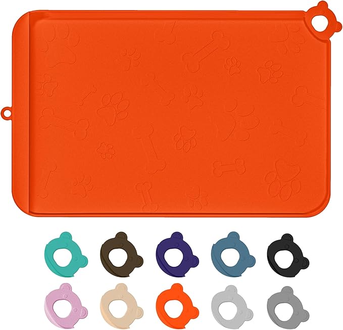 Dog Food Mat, Silicone Dog Mat for Food and Water -Pet Feeding Mats with Residue Collection Pocket, Waterproof Dog Cat Bowl Mats with Raised Edges and Hooks, Placemats for Cats and Dogs Water Bowl