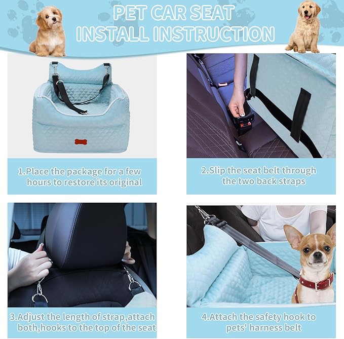 Dog Car Seat - Memory Foam Dog Booster Seat for Small Dogs Up to 25lbs-Elevated Pet Car Seat with Storage Pockets and Dog Seat Belt-Soft Pet Travel Bed for Front & Back Seats-Removable Washable-Blue