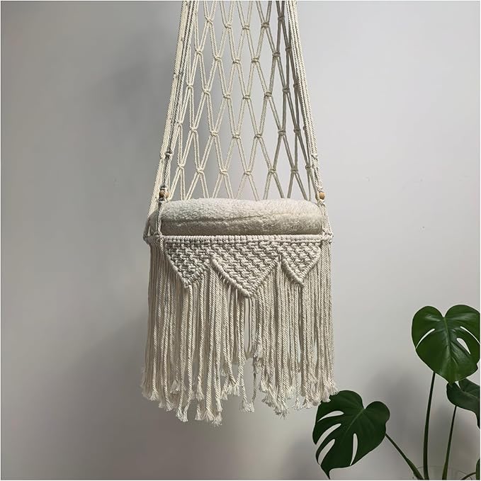 Macrame Cat Hammock 55.11 * 15.74INCH with Faux Lamb Cushion, Handwoven Hanging Bed for Space-Saving Indoor Décor, Cat Swing for Playing Sleeping Climbing and Lounging