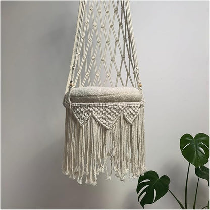Macrame Cat Hammock 55.11 * 15.74INCH with Faux Lamb Cushion, Handwoven Hanging Bed for Space-Saving Indoor Décor, Cat Swing for Playing Sleeping Climbing and Lounging