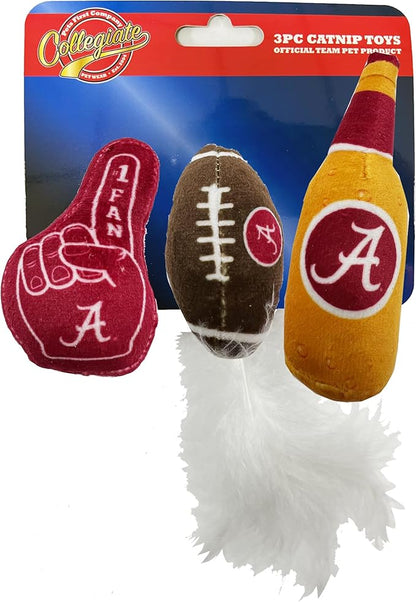 Best Plush CAT Toy - NCAA Alabama Crimson Tide Complete Set of 3 Piece Cat Toys Filled with Fresh Catnip. Includes: 1 Helmet Cat Toy, 1 Football Cat Toy with Feathers, & 1 Beer Bottle.