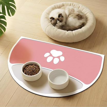 Pet Feeding Mat Half Round - 24''x16'' Absorbent Dog Food Mat for Floors Waterproof, Non Stains Pet Placemats for Small-Medium Dogs, Fit with Dual Bowls Design, Pink & Gray