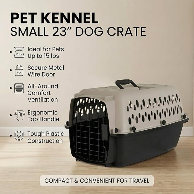 Hard-Sided Pet Travel Carrier for Small Dogs and Cats, 23-Inch Portable Plastic Kennel with Steel Wire Door, Secure Latch, and 360-Degree Ventilation for Vet Visits and Training