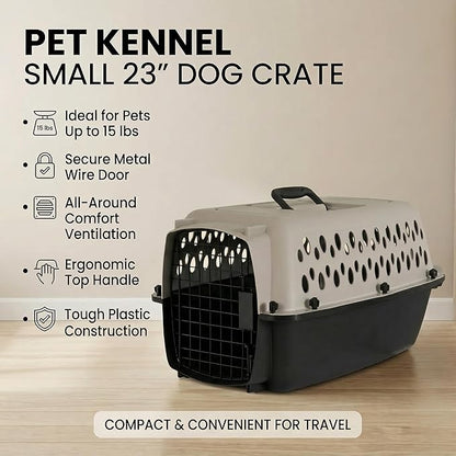 Hard-Sided Pet Travel Carrier for Small Dogs and Cats, 23-Inch Portable Plastic Kennel with Steel Wire Door, Secure Latch, and 360-Degree Ventilation for Vet Visits and Training