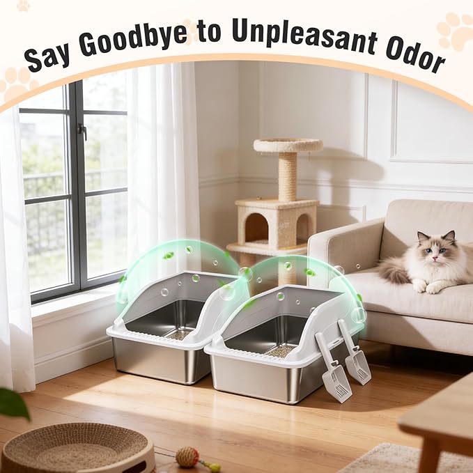 2PACK Stainless Steel Litter Box, Odor Free XL Metal Litter Box Extra Large with High Sides, Easy Cleaning Open Top Litter Pan Include Scoop Non-Sticky Kitty Cat Box Anti-Urine Leakage, Anti-Scratch