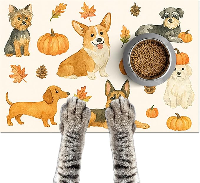Fall Dog Pet Feeding Mat Autumn Pumpkin Design Food Mat for Dogs and Cats Non Slip Pet Bowl Mat with Cute Puppy Pattern Seasonal Mat for Cat Food and Water Bowls Home Kitchen 24" x 16"