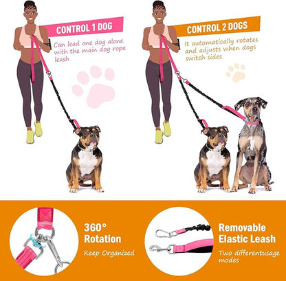 LED Double Dog Leash, 360° Swivel Dual Dog Walking Leash, Comfortable Shock Absorbing Lead for Dog, Reflective Removable Bungee for Two Dogs