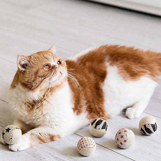 4 Pcs Cat Balls Toys for Indoor Cats, Handmade Sisal Kitten Toys Ball Interactive Canvas Cat Ball Toy Cute Cats Pom Pom Balls for Indoor Kitten Puppy Stuffed Pets Interaction Playing