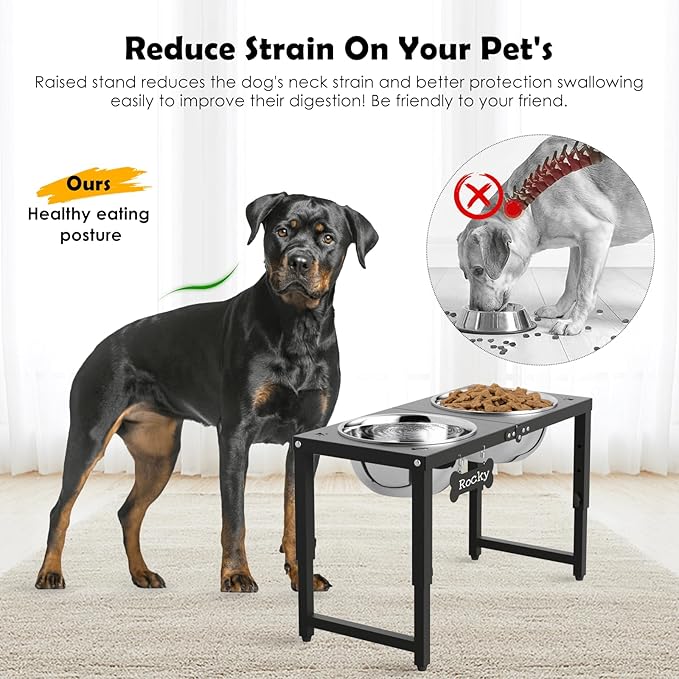 Adjustable Height Elevated Dog Bowls Stand, 2 x 58oz Stainless Steel Raised Dog Food & Water Bowls Holder for Medium, Large, Tall Dogs, Black
