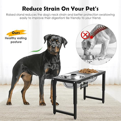 Adjustable Height Elevated Dog Bowls Stand, 2 x 58oz Stainless Steel Raised Dog Food & Water Bowls Holder for Medium, Large, Tall Dogs, Black