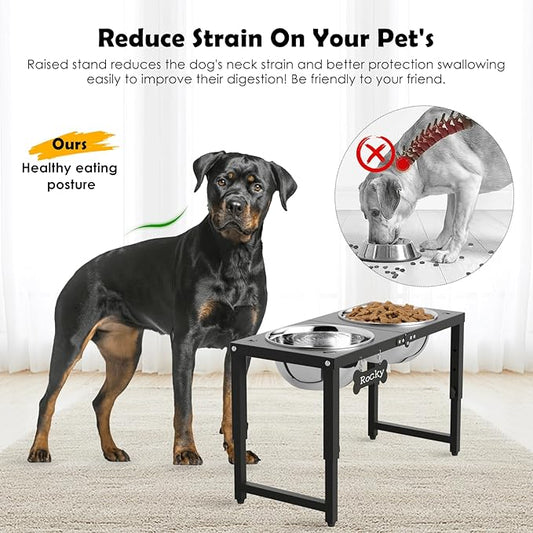 Adjustable Height Elevated Dog Bowls Stand, 2 x 58oz Stainless Steel Raised Dog Food & Water Bowls Holder for Medium, Large, Tall Dogs, Black