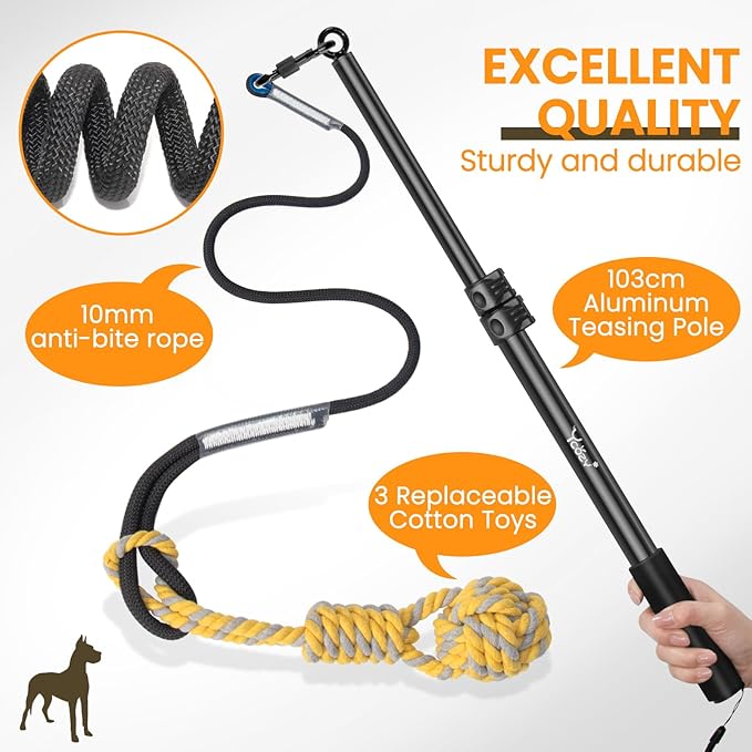 Ycozy Flirt Pole for Dogs Heavy Duty Interactive Toys Tug of War with Detachable 3 Replacement Rope Toys for Chase and Outdoor Exercise & Training for Small Medium Large Dogs (Pole - 40.6")