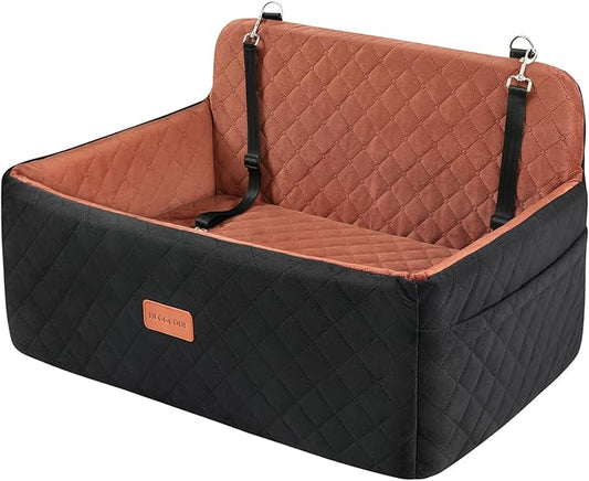 HEGGCOOE Dog Car Seat for Medium/Large Dogs, Pet Booster Seat for Under 55 lbs or 2 Small Dogs, Detachable & Washable Dog Car Bed for Backseat with 2 Safety Leashes(Black/Brown)