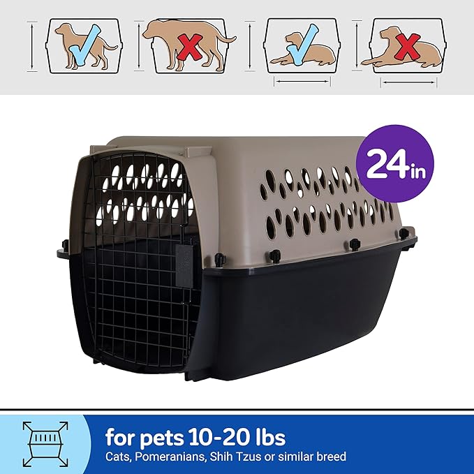 Petmate Vari Dog Kennel Portable Carriers & Crates for Smaller Dogs or Puppies and Pets 10 to 20 lbs, Airline-Friendly Plastic Pet Carrier Home and Travel, 24" Long, Taupe & Black, 24” x 16.7” x 14.5”