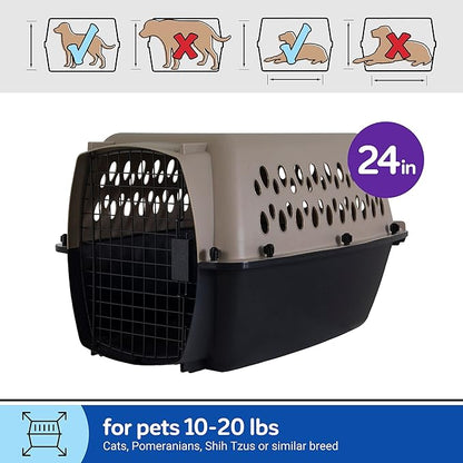 Petmate Vari Dog Kennel Portable Carriers & Crates for Smaller Dogs or Puppies and Pets 10 to 20 lbs, Airline-Friendly Plastic Pet Carrier Home and Travel, 24" Long, Taupe & Black, 24” x 16.7” x 14.5”
