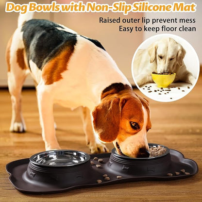 Hubulk Pet Dog Bowls 2 Stainless Steel Dog Bowl with No Spill Non-Skid Silicone Mat + Pet Food Scoop Water and Food Feeder Bowls for Feeding Small Medium Large Dogs Cats Puppies (Large, Chocolate)
