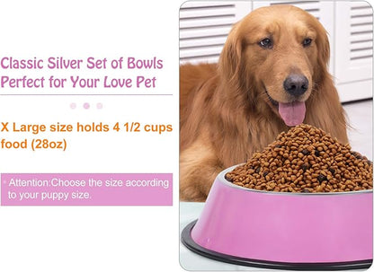 WHIPPY Stainless Steel Dog Food Water Bowl for Small,Medium and Large Pets Cats Set of 2 with Rubber Base (X Large,Pink,28oz)