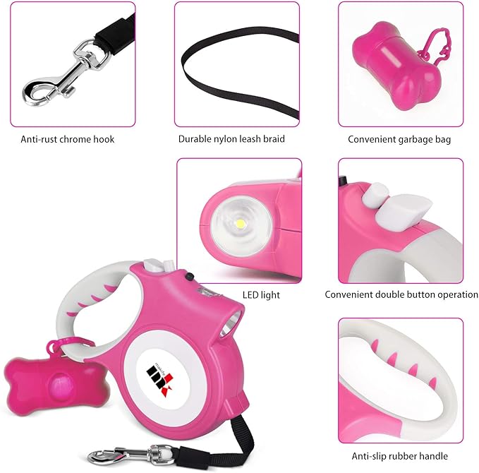 Retractable Dog Leash with LED Light Makife 5m Extendable Dog Lead for Small Medium Puppis up to 25kgs, One-Hand Brake & Lock System, Ergonomic Handle - Pink
