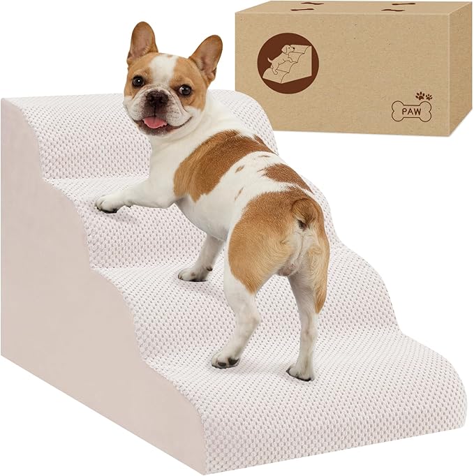 Dog Stairs for Small Dogs, 4-Step Dog Steps for Couch Sofa and Low-Profile & Platform Bed, High-Density Foam Pet Steps Ramp with Removable Washable Cover for Older Injured Dogs Cats, 15.75" H, Beige