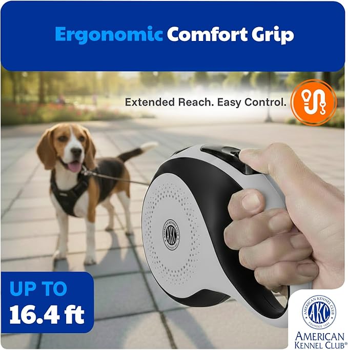 American Kennel Club Heavy Duty Retractable Dog Leash, 16.4ft, Tangle-Free, Ergonomic Grip, One-Hand Brake, for Medium & Large Dogs up to 110 lbs Gray