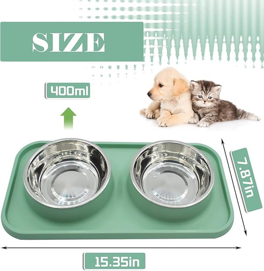 Double Dog Food Bowls Stainless Steel with No Spill Non Skid Silicone Mat Removable Dog Water and Food Bowls Set Durable Feeding for Small Dogs Puppy Cat Kitten(Blue)