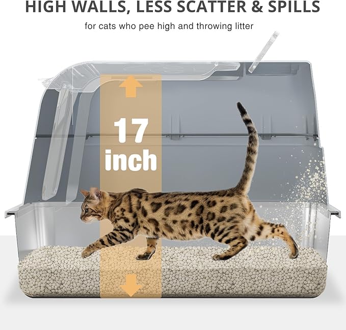 Stainless Steel Cat Litter Box Fully Enclosed, Extra Large Metal High Sided Cat Box with 120° Fully Transparent See-Through Flip Lid, Scoop & Mat - Grey - XL