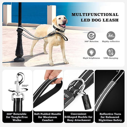 4 Ft LED Dog Leash, Light Up & Lighted Dog Leash, 7 Lighting Modes, Glow in The Dark, Reflective, Double-Sided Light, Rechargeable with Padded Handle for Night Walking Safety, Small to Large Pets