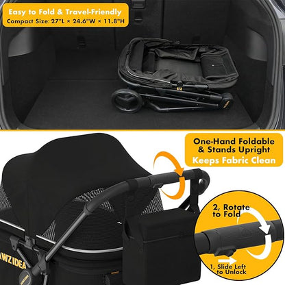 PAWZIDEA Large Dog Stroller up to 80 lbs, No-Zip 180° Reversible Canopy Lockable, Lightweight Pet Stroller for 2 Medium Dogs, One-Hand Foldable, Low-Entry, All-Terrain Jogger Wheels, Storage Organizer