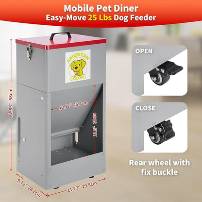 Automatic Dog Feeder with Wheels, 25lb Heavy Duty Galvanized Steel Gravity Food Dispenser - Easy to Move Rolling Pet Food Station for Indoor & Outdoor Use