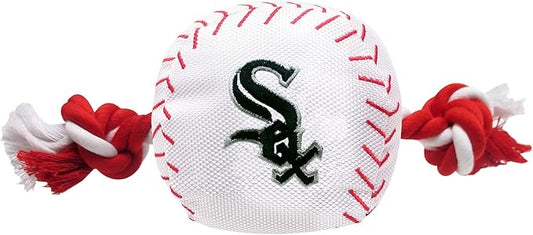 MLB CHICAGO WHITE SOX Baseball Rope Toy for DOGS & CATS. Tough nylon, Sporty Baseball Design, Heavy-duty ropes with Inner SQUEAKER