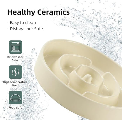 Ceramic 1.6 Cup Raised Slow Feeder Dog Bowl Set, Elevated Wooden Stand for Medium and Large Dog, 8.2inch Puzzle Slow Dish, Anti-Gulping(Light Yellow, Single Bowl+ Stand)