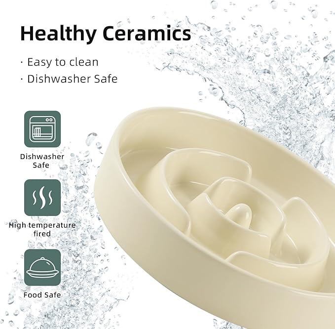 Ceramic Raised Slow Feeder Dog Bowl Set, Elevated 7.3inch Bowl and 8.2inch Puzzle Slow Dish with Wooden Stand for Medium and Large Dog, Anti-Gulping (2X Light Yellow+ Stand)