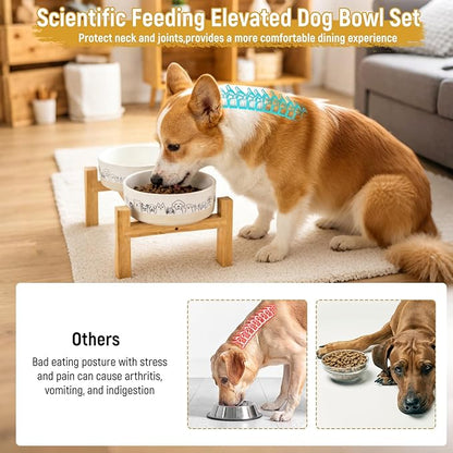 Elevated Ceramic Dog Bowls with Wooden Stand，6.1inch Raised Dog Bowls with Cute Pattern for Small and Medium Breed Dogs,2 Pack Dogs Food and Water Bowl Set,Weighted Pet Dishes Dishwasher Safe