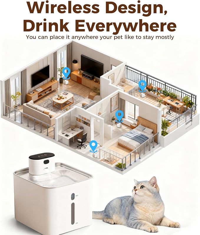 4.2L Pumpless Cat Water Fountain, 5000mAh Battery Operated Cat Fountain, Wireless Pet Water FountainsIndoor, Sensor and Timer Water Modes, Suitable for Cats and Small Dogs Indoor ((142-oz)